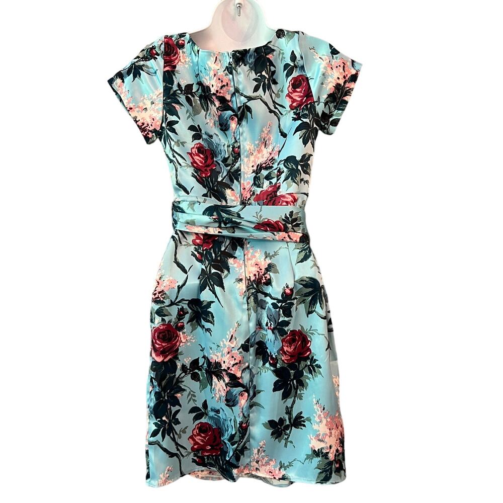 Pinup Couture Rockabilly Retro Ava Faux Wrap Blue Floral Dress Sz Small - Picture 5 of 8